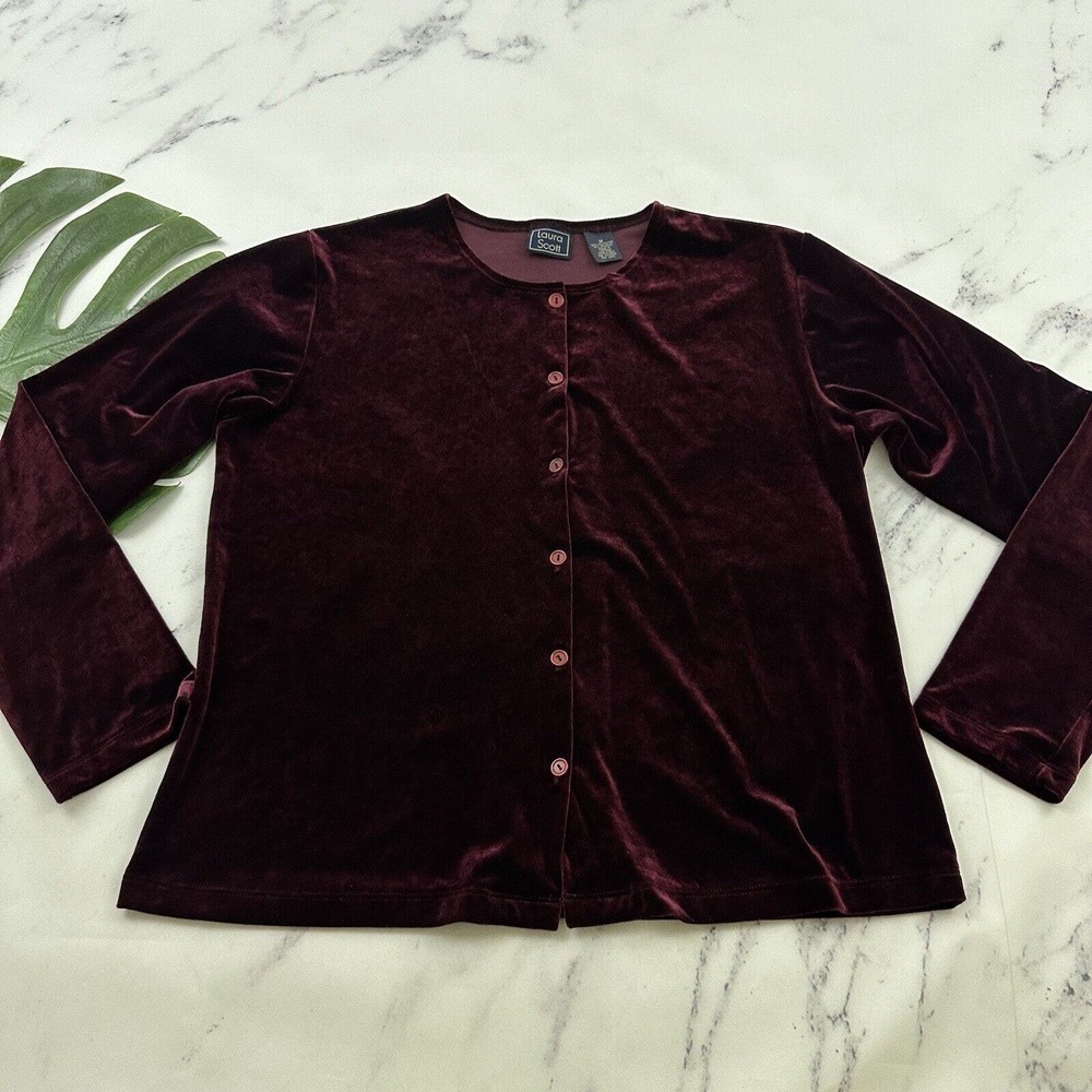 Laura Scott Womens Vintage Velvet Cardigan Sweater Size M Dark Purple Whimsygoth
